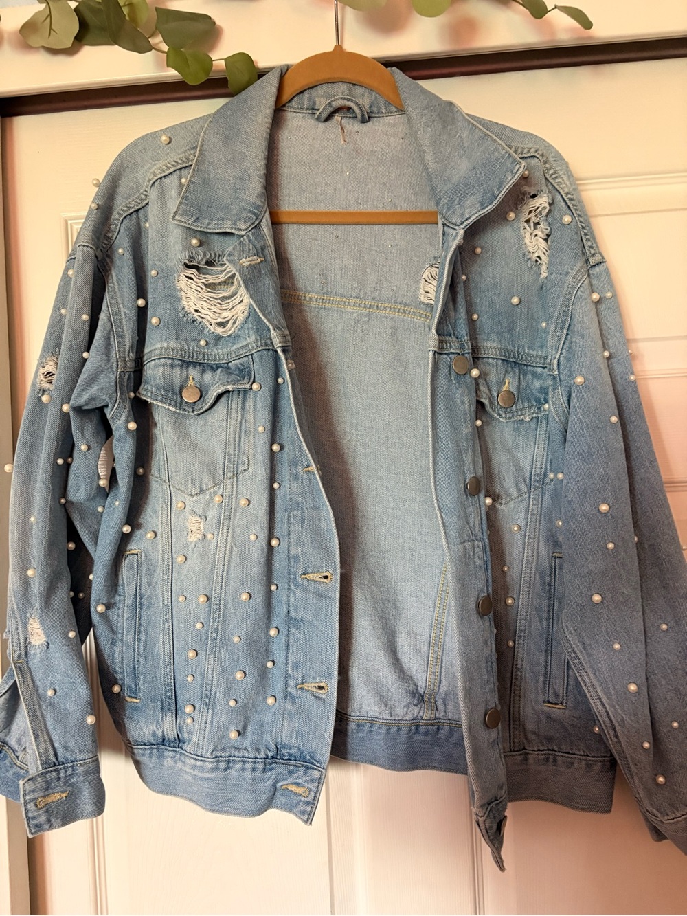 Free People Light Blue Pearl-Embellished Distressed Denim Jacket - Picture 1 of 4